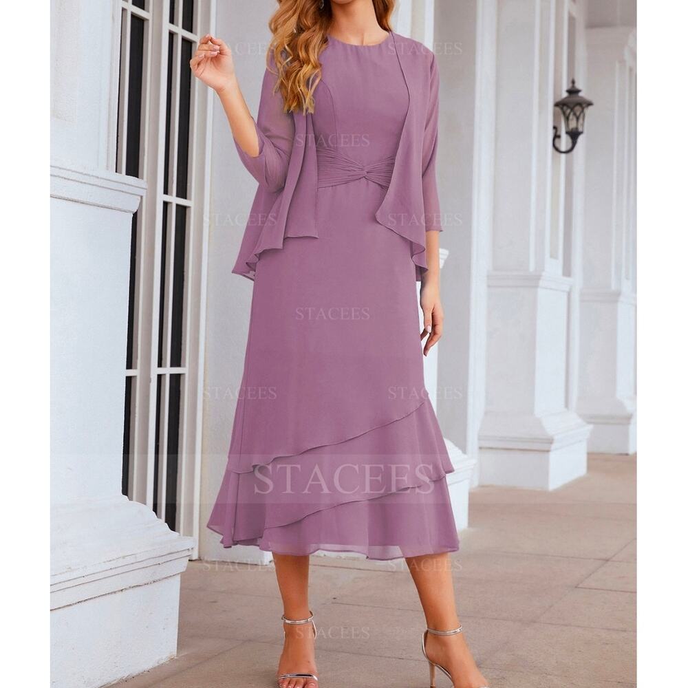 NWT STACEES A-line Bateau Tea-Length Chiffon Pleated Dress & Jacket Size 12